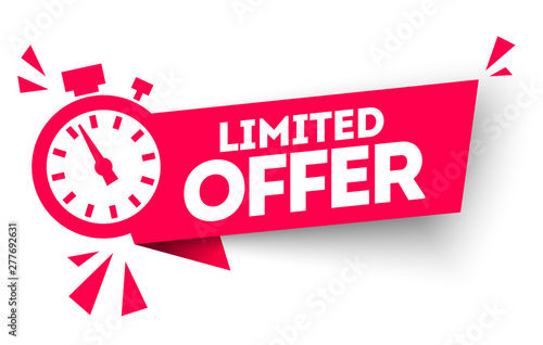 Modern red vector banner ribbon limited offer with stop watch.