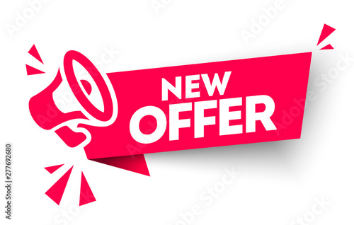 Modern red vector banner ribbon new offer with megaphone. Web element. photo