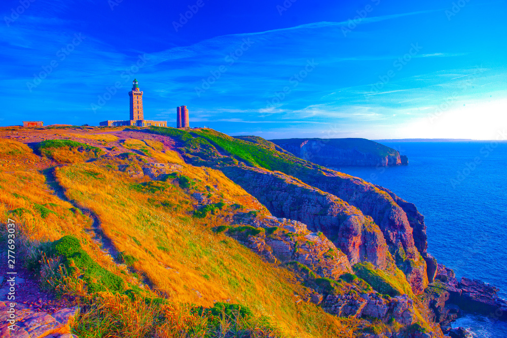 france,brittany,frehel : lighthouse and cliff