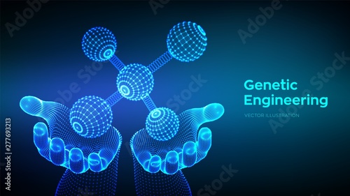 Molecule in hands. Dna, atom, neurons. Molecules and chemical formulas. 3D Scientific molecule background for medicine, science, technology, chemistry, biology. Vector illustration.