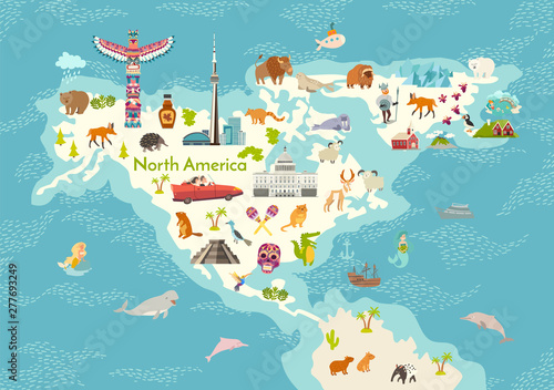 North America, world map with landmarks vector cartoon illustration. Abstract North America landmarks, animals, sign and icon cartoon style. Poster, art, travel card