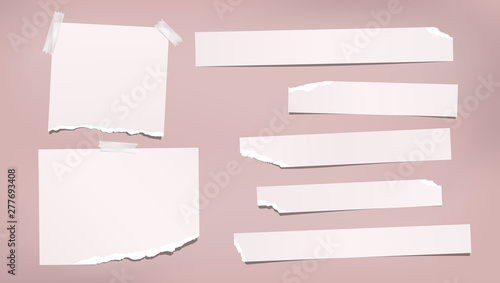 White ripped, torn note, notebook paper strips, stuck with sticky tape on pink background. Vector illustration