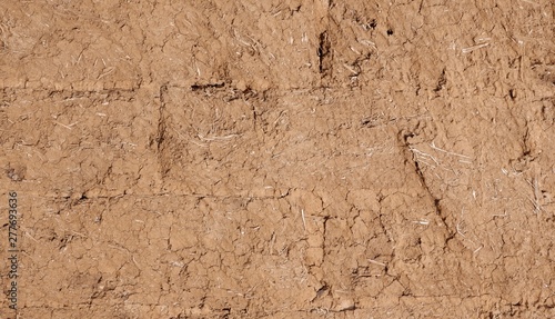 A wall of adobe blocks interspersed with straw