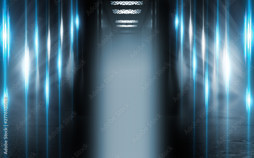 Empty space background. Open elevator doors. Neon light smoke. Empty dark scene background Empty space background. Open elevator doors. Neon light smoke. Empty dark scene background