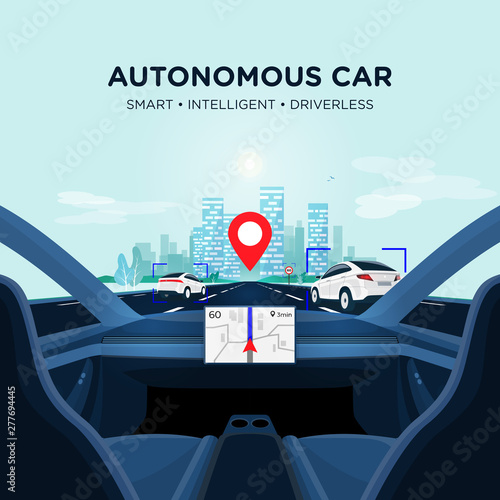 Autonomous smart driverless electric car self-driving on the road to city. Vehicle autopilot is scanning distance with radar, cameras and sensor. Vector illustration of car interior with big display.