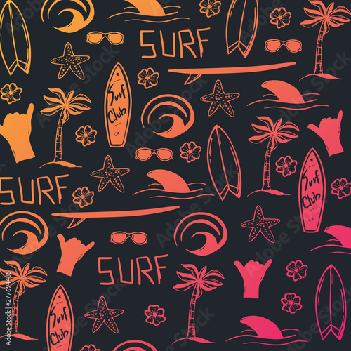 Summer Surf hand draw background with Surfboard, Wave, Palm tree and shark.