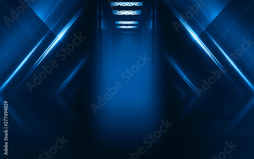 Empty space background. Open elevator doors. Neon light smoke. Empty dark scene background