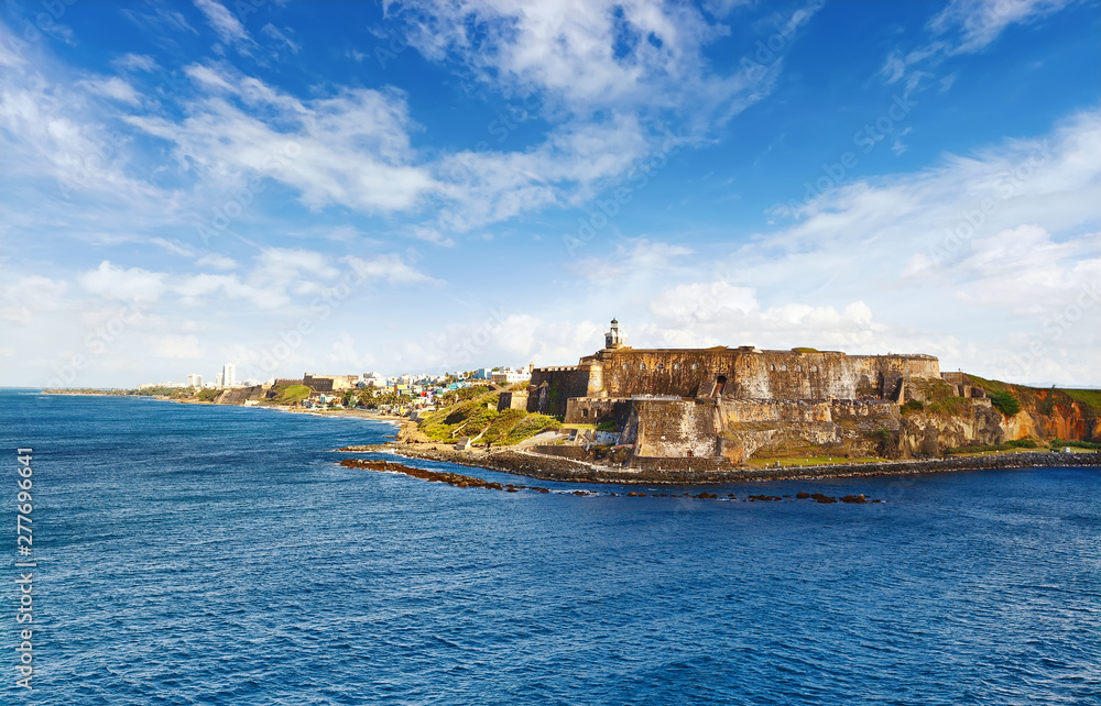 Coastline of San Juan, Puerto Rico and fortress the Castillo San Felipe del Morro on sunny day