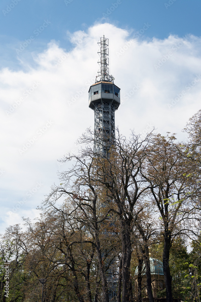 Petrin hill lookout tower, built in 1891 for the Jubilee Exhibition in Petrin hill, Mala Strana, Prague, Czech Republic
