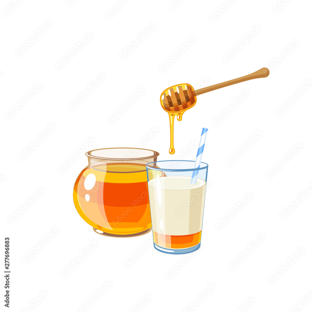 A jar full of honey, a honey dipper and a glass of mix milk and honey. Vector illustration cartoon flat icon isolated on white. A jar full of honey, a honey dipper and a glass of mix milk and honey. Vector illustration cartoon flat icon isolated on white.