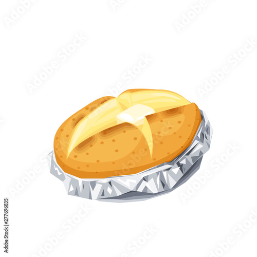 Baked potato in foil. Vector illustration cartoon flat icon isolated on white.