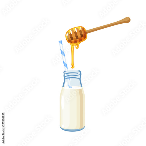 A honey dipper and a bottle of milk with straw. Vector illustration cartoon flat icon isolated on white.