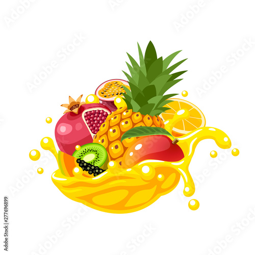 Fototapeta Naklejka Na Ścianę i Meble -  Multifruit yellow juice splash burst. Vector illustration cartoon flat icon isolated on white.