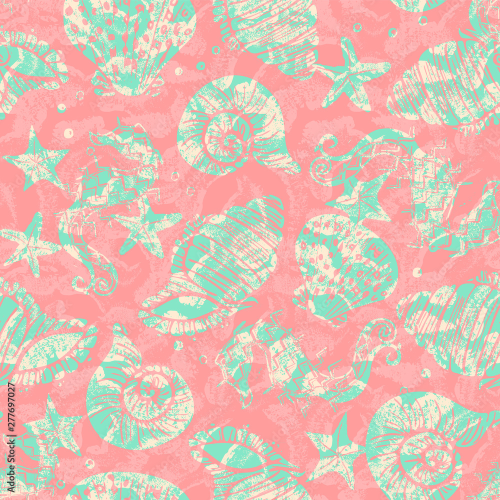 Green and pink vector ornate seahorse, starfish and seashell seamless pattern background with stamp texture overlay.