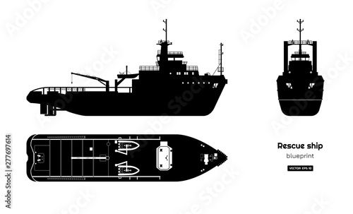 Black silhouette of rescue ship on white background. Top, side and front view. Industry blueprint. Isolated drawing of boat