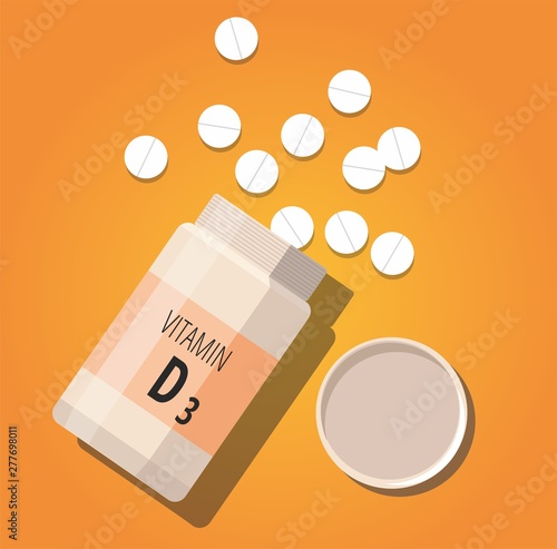 Bottle of pills with vitamin D3 orange background. Vector Illustration 