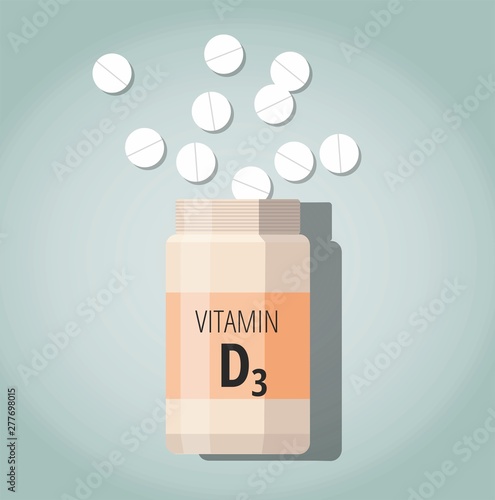 Bottle of pills with vitamin D3. Vector Illustration 