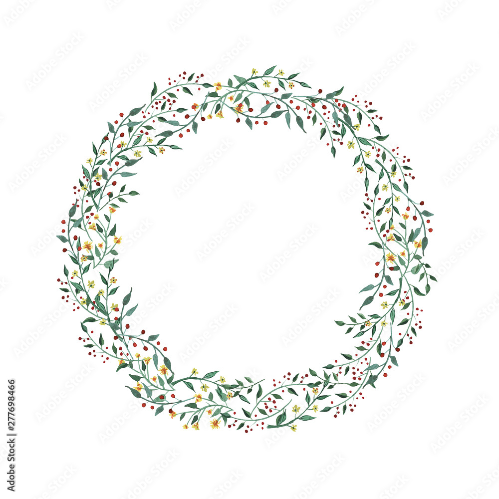 Watercolor wreath with wildflower, herbs, leaf. collection garden, wild foliage, flowers, branches. illustration isolated on white background. Watercolor wreath with wildflower, herbs, leaf. collection garden, wild foliage, flowers, branches. illustration isolated on white background.