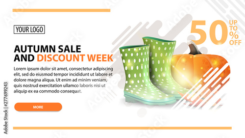Autumn sale and discount week, white web banner in modern style for your website with rubber boots and pumpkin