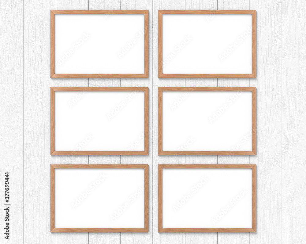 Set of 6 horizontal wooden frames mockup hanging on the wall. Empty base for picture or text. 3D rendering. Set of 6 horizontal wooden frames mockup hanging on the wall. Empty base for picture or text. 3D rendering.