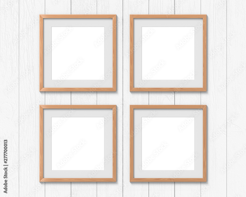 Set of 4 square wooden frames mockup with a border hanging on the wall. Empty base for picture or text. 3D rendering. Set of 4 square wooden frames mockup with a border hanging on the wall. Empty base for picture or text. 3D rendering.