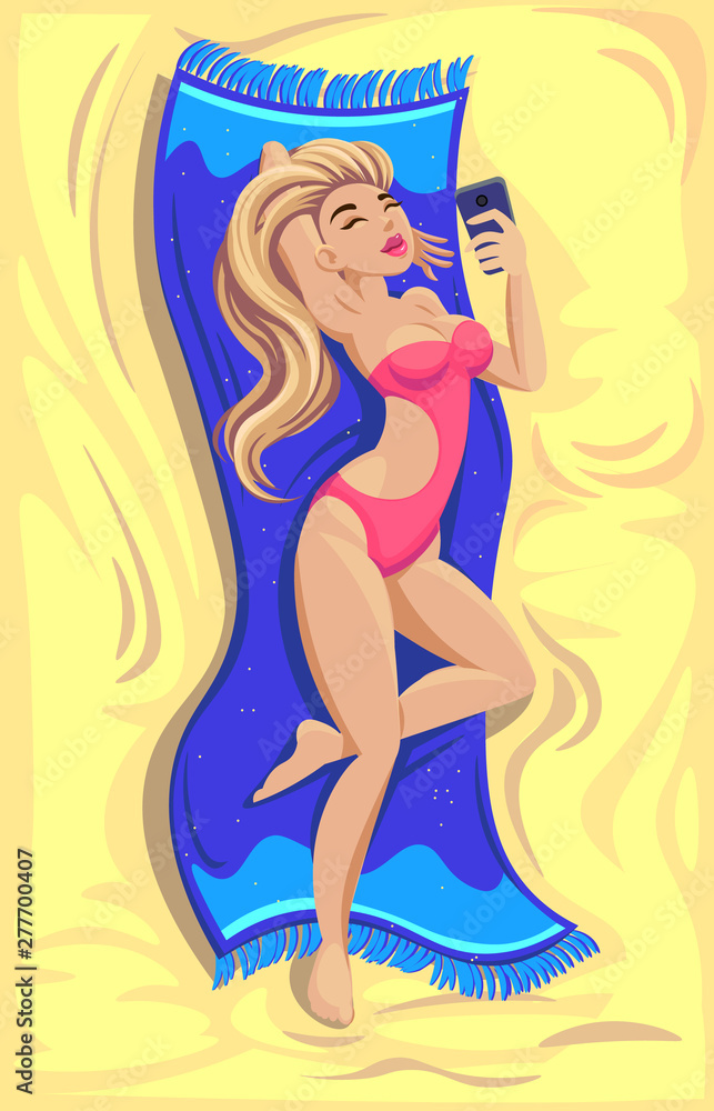 Girl model on the beach makes selfie. Vector Girl model on the beach makes selfie. Vector