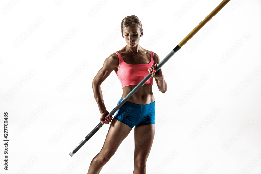 Power and beauty and purity. Professional female pole vaulter training on white studio background. Fit and slim female model practicing. Concept of sport, healthy lifestyle, action, movement, motion. Power and beauty and purity. Professional female pole vaulter training on white studio background. Fit and slim female model practicing. Concept of sport, healthy lifestyle, action, movement, motion.