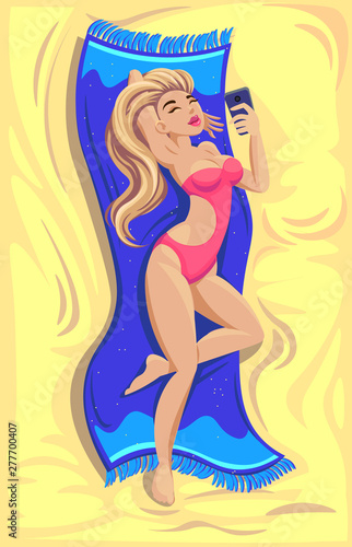 Girl model on the beach makes selfie. Vector