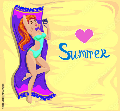 Girl model on the beach makes selfie. Vector
