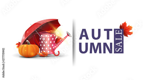 Autumn sale, modern design of a discount banner for your site with garden watering can, umbrella and ripe pumpkin