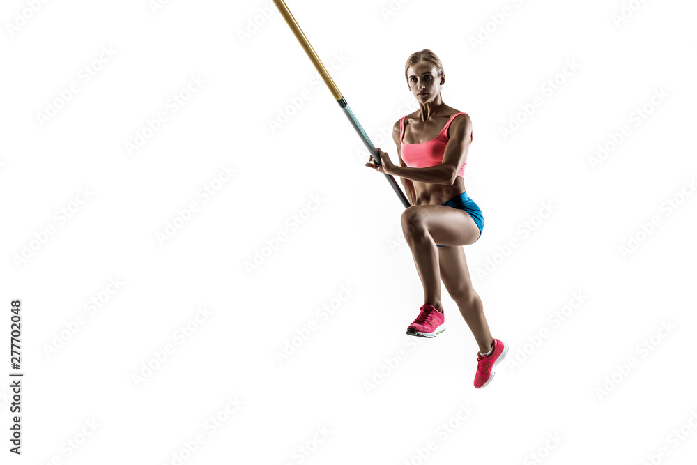 Power and beauty and purity. Professional female pole vaulter training on white studio background. Fit and slim female model practicing. Concept of sport, healthy lifestyle, action, movement, motion. Power and beauty and purity. Professional female pole vaulter training on white studio background. Fit and slim female model practicing. Concept of sport, healthy lifestyle, action, movement, motion.