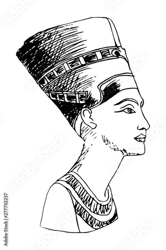 Egyptian Queen Nefertiti. Vector image stylized as a pencil drawing Isolated on white background.