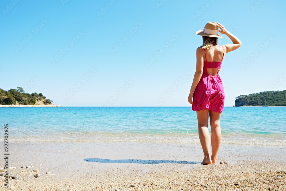 Attractive fit young woman in pink dress at sandy beach watching sea horizon. Attractive fit young woman in pink dress at sandy beach watching sea horizon.