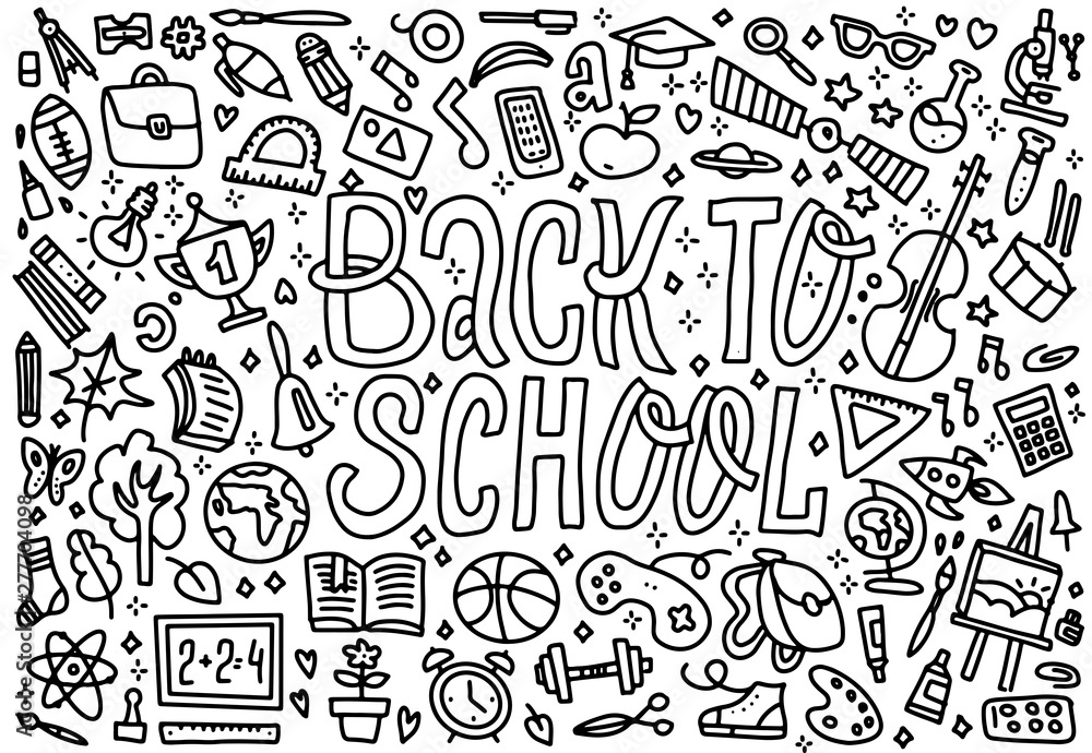 Cartoon cute doodles Back to School word. Black and white horizontal illustration. Background with lots of separate objects. Funny vector artwork. Concept of education with school supplies , lettering Cartoon cute doodles Back to School word. Black and white horizontal illustration. Background with lots of separate objects. Funny vector artwork. Concept of education with school supplies , lettering