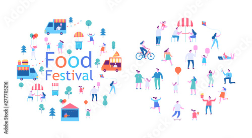 Summer food festival. Food street fair, family festival. People walking, riding bicycle, eating street food, have fun together. Flat vector poster and banner colorful design.