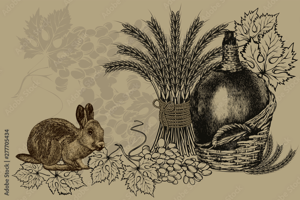 custom made wallpaper toronto digitalVintage background with a bottle of wine, wheat ears, a rabbit and grapes. Vector illustration.