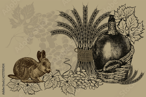 Wallpaper Mural Vintage background with a bottle of wine, wheat ears, a rabbit and grapes. Vector illustration. Torontodigital.ca