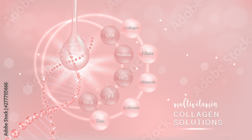 Hyaluronic acid plus multivitamins and minerals skin solutions ad, pink collagen serum drop with cosmetic advertising background ready to use, illustration vector.
