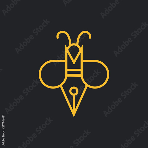 Writer Bee logo. pen with bee concept with Monoline style logo design 