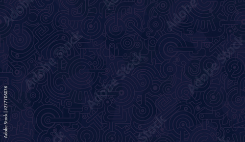 Abstract seamless pattern. Lines, polygons, gears, bolts, cogs. Dark