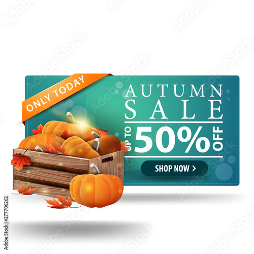 Modern autumn discount green 3D banner with button, wooden crates of ripe pumpkins and autumn eaves