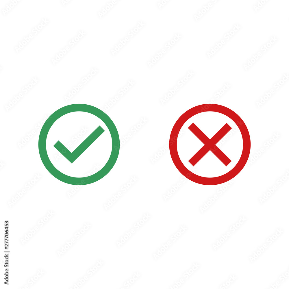 Green check mark and red cross icon symbol template black color editable vector sign isolated on white background illustration for graphic and web design. Green check mark and red cross icon symbol template black color editable vector sign isolated on white background illustration for graphic and web design.