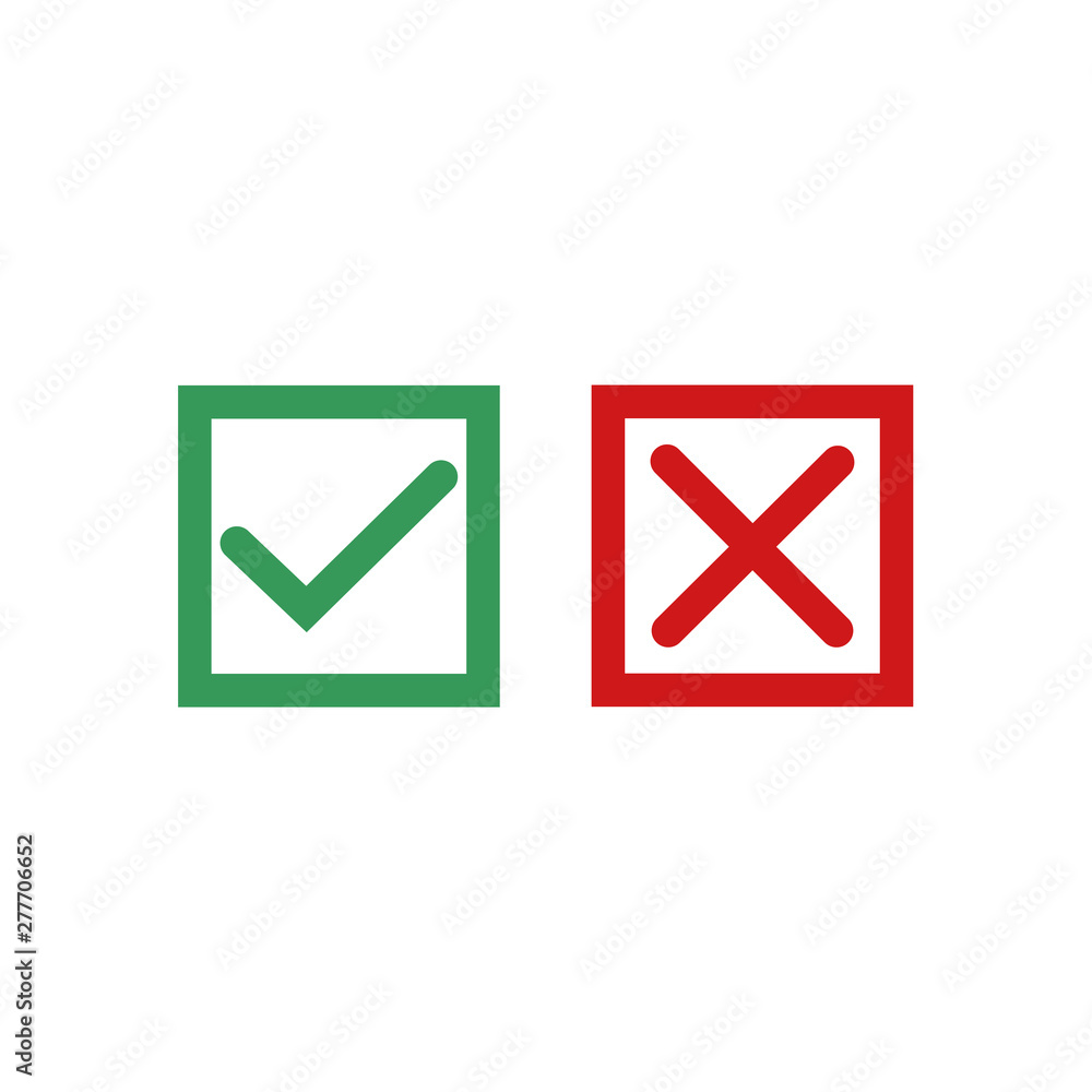 Green check mark and red cross icon symbol template black color editable vector sign isolated on white background illustration for graphic and web design. Green check mark and red cross icon symbol template black color editable vector sign isolated on white background illustration for graphic and web design.