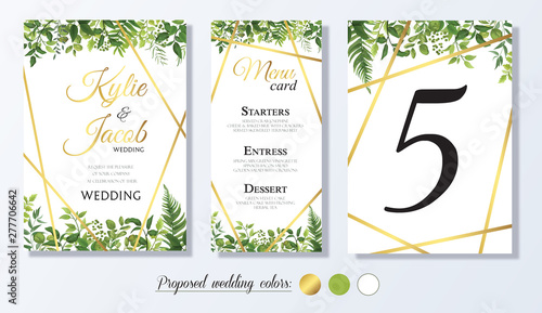 Wedding Invitation with gold element, menu card, table number Floral design with green watercolor leaves, foliage greenery decorative frame print. Vector elegant cute rustic greeting, invite, postcard
