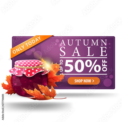 Modern autumn discount green 3D banner with button, jar of jam and maple leaves