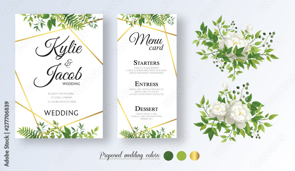Wedding Invitation, menu card. Floral design with green and gold watercolor leaves, white flower rose decorative frame print. Vector elegant cute rustic greeting, invite, postcard 