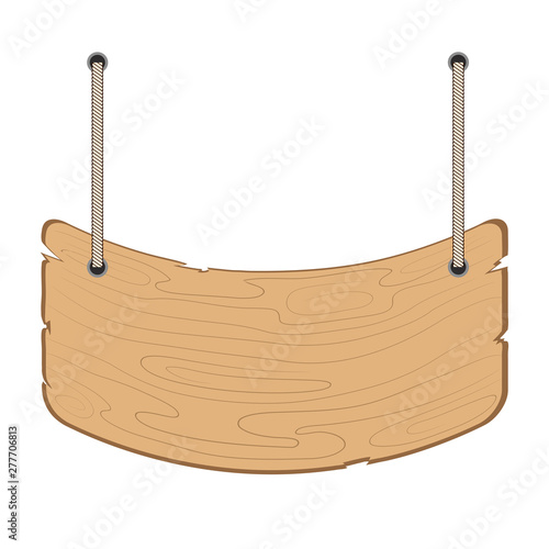 Wooden information board hang on the rope on white, stock vector illustration