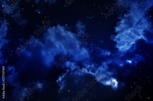 Night sky with clouds. Universe filled with stars, nebula and galaxy