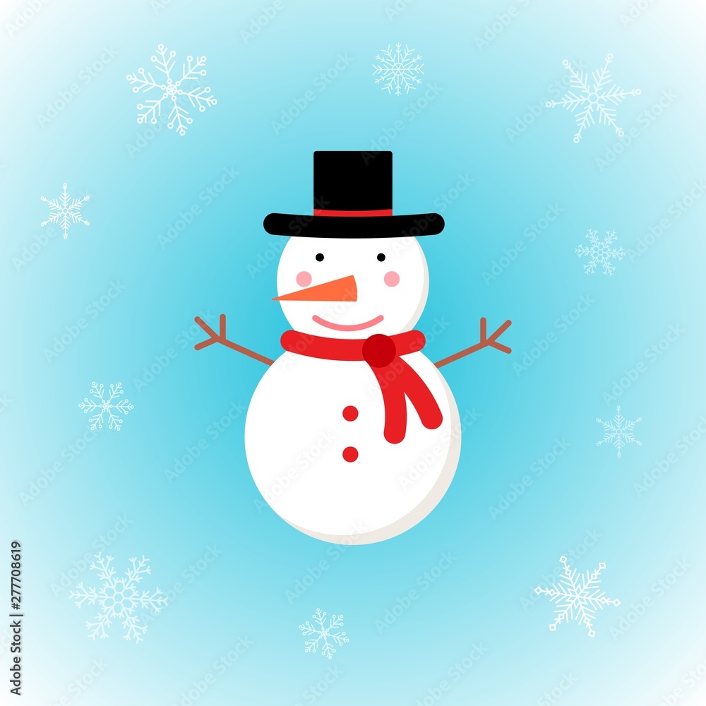 Fototapeta Vector icon of Christmas snowman in flat style on winter background. Festive Xmas illustration with snowflakes for design, posters, card, invitations, gift, greeting card. Christmas decoration.