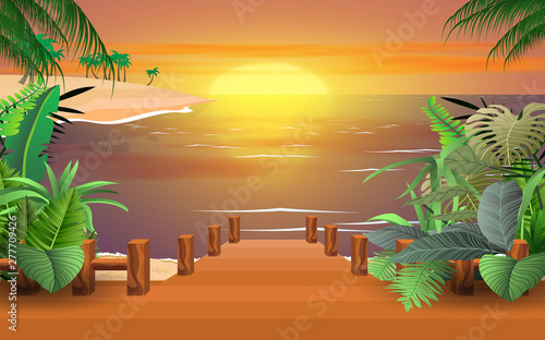 landscape of wooden bridge on the beach in sunset